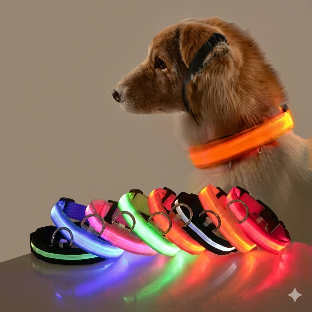 Coleira LED Recarregável para Cães – Segurança nos Passeios Noturnos